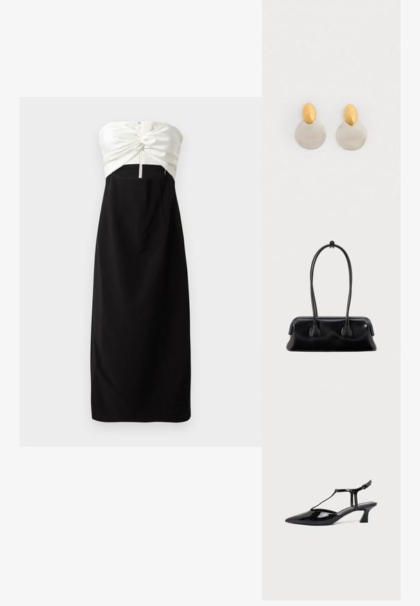 Strapless jurk met een crèmekleurige satijnen lijfje met een knoopdetail, gecombineerd met een zwarte, gladde stoffen rok en een verborgen ritssluiting aan de achterkant.; Zwarte pumps van lakleer met spits toelopende neus, T-strap en lage schuine blokhak op witte achtergrond.; Zwarte leren handtas met twee lange handvatten, een gladde textuur en een ronde bodem met decoratieve accenten aan de zijkanten.; Gouden en zilveren metalen oorbellen met een ronde schijfbasis en een ovale bovenstuk, gladde textuur en gepolijste afwerking.