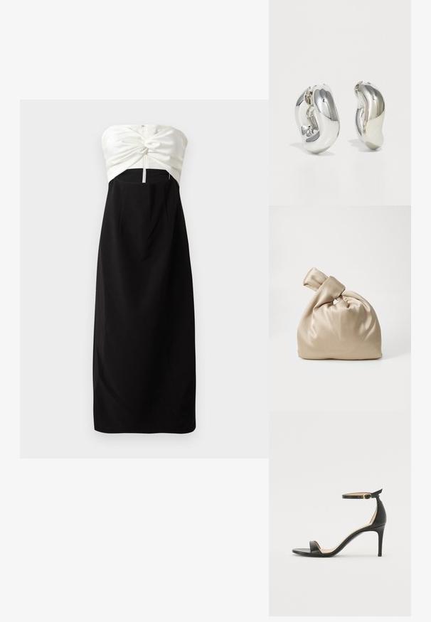 Stropeløs kjole med en cremet satin overdel med knude-detail, parret med en sort, glat stofnederdel og en skjult bagside lynlås.; Sort læder højhælede sandaler med ankelrem. Har en glat tekstur, åben tå og en tynd hæl. Guldtonet spænde detalje.; Beige satin taske med knyttet top, der har en blød, glat tekstur og en rund form, designet til at være simpel og elegant.; Sølvskulpturelle øreringe med glatte, buede former og reflekterende overflader. Har et lukket hoop-design og en markant organisk form.