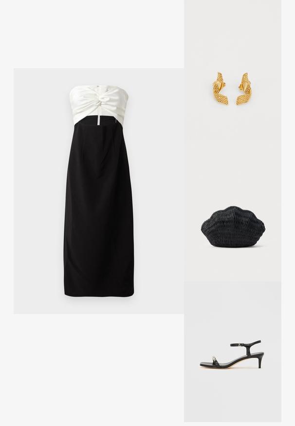 Stropeløs kjole med en cremet satin overdel med knude-detail, parret med en sort, glat stofnederdel og en skjult bagside lynlås.; Sort læder sandal med hæl og ankelrem, åben tå, firkantet front og sølvfarvede metalaccenter. Figurformet design med en slank profil.; Sort flet håndtaske formet som en muslingeskal med en buet top og flettet tekstur på en ensfarvet baggrund.; Guldtonede øreringe med et snoet bladdesign, prydet med små funklerende sten, og fastgjort med en postbag.