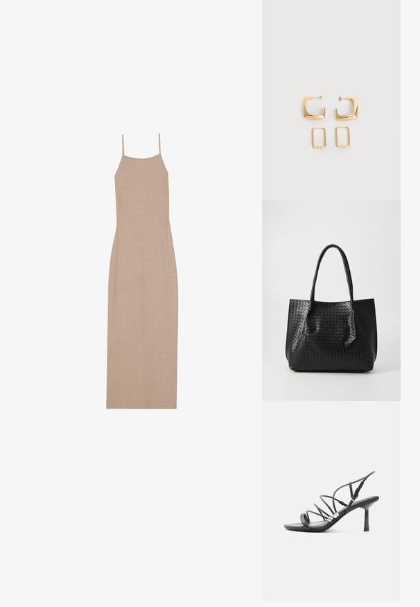 Robe maxi beige côtelée avec de fines bretelles spaghetti et une silhouette droite, présentant une texture lisse et un design minimaliste.; Sandale noire à talon haut avec fines lanières courbées, accents argentés et boucle de cheville réglable sur fond blanc.; Sac de tote en cuir tressé noir avec deux poignées, forme structurée et finition légèrement brillante sur un fond clair.; Deux paires de Boucles d'oreilles créoles géométriques dorées sur une surface blanche unie, une paire carrée et pleine, une paire rectangulaire et creuse.