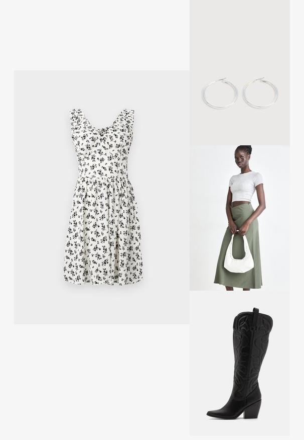 Vestido floral blanco con mini flores negras, diseño sin mangas, corpiño fruncido y falda acampanada. Tejido suave con una textura fluida.; Botas negras de cuero hasta la rodilla con punta puntiaguda y tacón apilado. Presentan costuras decorativas y elementos de diseño curvados.; Top corto de canalé gris y falda de tiro alto verde oliva. La modelo sostiene un bolso de hombro blanco con detalles recortados. Diseño simple, silueta ajustada.; Pareja de pendientes de aro plateados brillantes con cierres de alambre delgado, mostrados sobre un fondo gris claro.