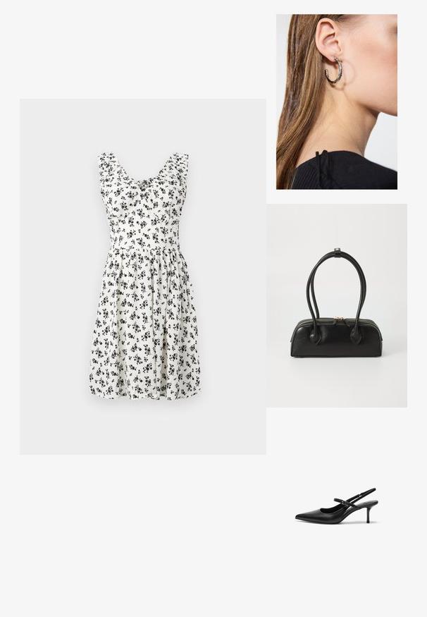 Witte bloemenjurk met zwarte mini bloemen, mouwloos ontwerp, gerimpelde lijfje en uitlopende rok. Glad materiaal met een vloeiende textuur.; Zwarte leren slingback hakken met een puntige neus, slanke verstelbare band en een ongeveer 5 cm hoge stiletto hak, met een gladde textuur.; Zwarte leren handtas met twee verlengde handvatten, ritsluiting en ronde vorm; gladde textuur met subtiele glanzende afwerking.; Zilveren oorbel met een gepolijste afwerking, met kleine gouden accentdetails en een ronde vorm, gedragen op de oorlel.