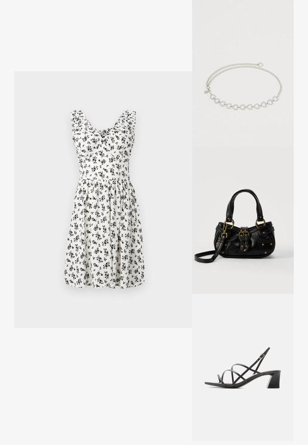Robe florale blanche avec de petites fleurs noires, sans manches, corsage froncé et jupe évasée. Tissu lisse avec une texture fluide.; Sandale noire à talon avec fines brides croisées, boucle à la cheville et talon bloc de hauteur moyenne, vue de côté sur fond blanc.; Sac à main en cuir noir avec boucle dorée et détails à rivets, poignées courtes et bandoulière réglable sur fond blanc uni.; Bracelet en chaîne argentée avec des maillons en forme de cœur entrelacés, présentant un détail texturé et une fermeture à clip. Design à double brin.