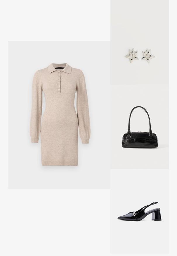Robe en tricot beige avec un col, un plastron à cinq boutons et des manches longues avec des poignets côtelés. Texture lisse, silhouette ajustée.; Escarpin à bride arrière en cuir verni noir, bout pointu, petit talon bloc bas, avec deux petites boucles argentées sur les brides.; Sac à main en cuir noir de forme rectangulaire, doté d'une seule ansse structurée, de quincaillerie argentée et d'une fermeture éclair. Texture lisse.; Boucles d’oreilles créoles en forme d’étoile argentée avec une finition lisse et polie sur un fond blanc uni.