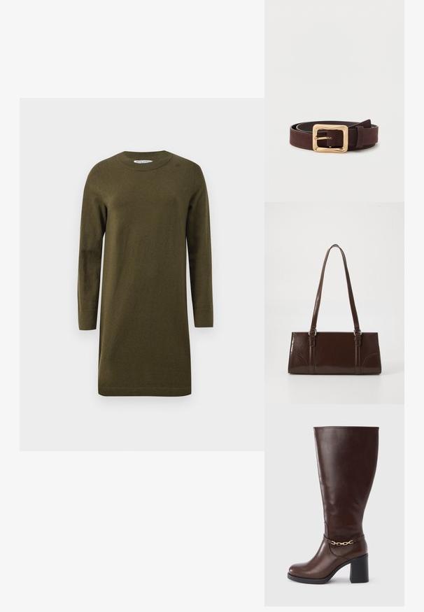 Vestido de punto verde oliva con mangas largas, escote redondeado y dobladillo acanalado. Diseño sencillo de corte recto con una textura suave.; Bota marrón de cuero hasta la rodilla con punta cuadrada, tacón grueso y detalle de cadena dorada alrededor del tobillo. Textura suave y diseño elegante.; Bolso de mano de piel sintética marrón con forma rectangular, dos asas largas y sutiles acentos curvados en la parte delantera.; Cinturón de cuero marrón oscuro con una amplia hebilla cuadrada dorada, enrollado plano sobre una superficie blanca.