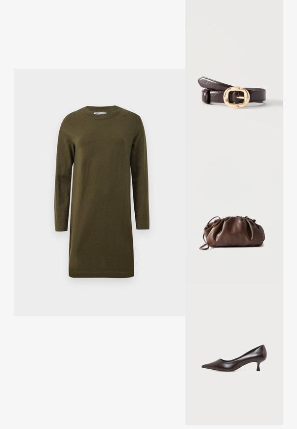Vestido de punto verde oliva con mangas largas, escote redondeado y dobladillo acanalado. Diseño sencillo de corte recto con una textura suave.; Zapato de tacón bajo de cuero marrón oscuro con punta afilada sobre fondo blanco.; Bolso tipo bolsa de cuero marrón suave con parte superior fruncida y asa delgada, apoyado sobre un fondo blanco.; Cinturón de cuero marrón oscuro enrollado con una hebilla rectangular redondeada dorada y brillante sobre un fondo liso y claro.