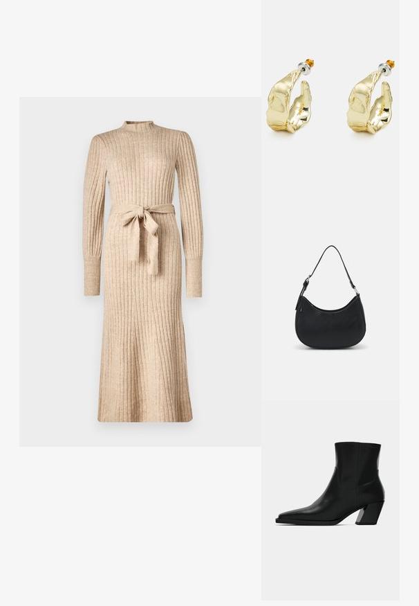 Beiges, geripptes Strickkleid mit langen Ärmeln, hohem Kragen und selbstgebundenem Gürtel in der Taille, mit tailliertem Oberteil und ausgestelltem Saum.; Schwarze Leder-Stiefelette mit spitzem Zeh, schlanker Silhouette und klobigem quadratischem Absatz. Glatte Textur mit minimalen Nähdetails.; Schwarze Hobo-Tasche aus glattem Leder mit einer geschwungenen Silhouette, ausgestattet mit einem einzelnen verstellbaren Trageriemen und minimalistischem Design.; Goldfarbene Ohrringe in Form abstrakter Hände, mit einer glänzenden Oberfläche, filigranen Details und einem Silber- und Goldstift für sicheren Halt.
