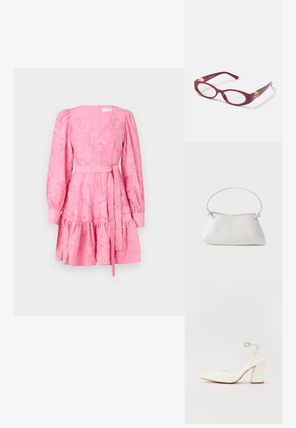 Roze jurk met een V-hals, lange pofmouwen, gestructureerd bloemenpatroon, tailleband en een uitlopende rok met een gerimpelde zoom.; Witte hakken sandaal met een puntige neus, verstelbaar enkelbandje en een stevige vierkante hak. Gladde textuur met minimale stiksels.; Rode plastic ovale monturen met heldere glazen. Bevat gouden hardware accenten op de pootjes en een slank modern ontwerp.; Witte handtas van gevlochten leer met een afgeronde handgreep en uiteinden van de band die geknoopt zijn, afgebeeld tegen een effen achtergrond.