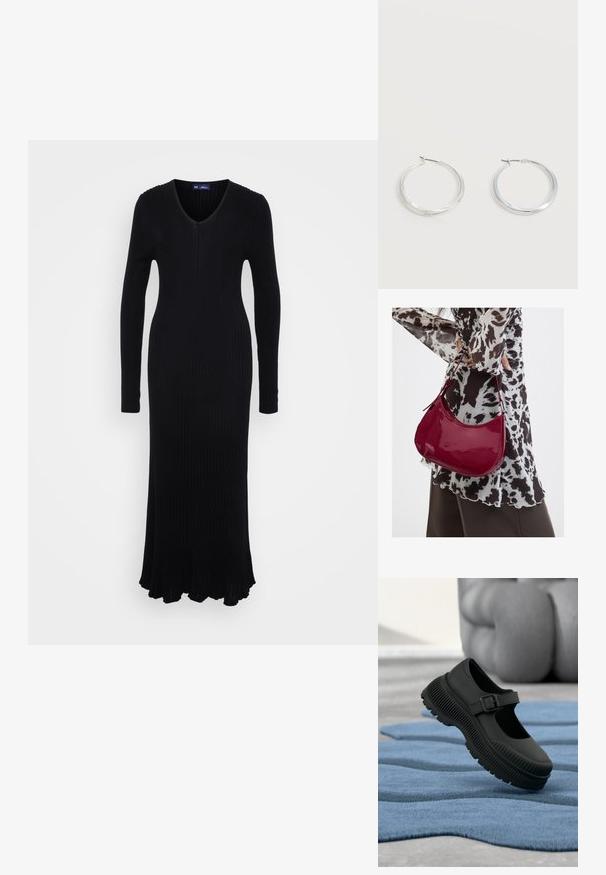 Vestido negro de punto acanalado con mangas largas, escote en V y dobladillo acampanado. Fabricado con un material elástico para una silueta ajustada.; Zapato negro estilo Mary Jane con suela gruesa acanalada y correa con hebilla, sobre una alfombra azul texturizada con fondo desenfocado.; Mujer con blusa de estampado en blanco y negro sosteniendo un bolso de hombro rojo brillante sobre un fondo liso.; Pendientes de aro de metal plateado con superficie lisa y ligeramente curvada y cierre de tipo mosquetón sobre un fondo blanco liso.