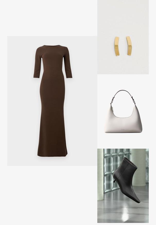 Braunes geripptes Maxikleid mit Dreiviertelärmeln, figurbetonter Silhouette und ausgestelltem Saum. Glatte Textur über das gesamte Kleid.; Schwarzer Leder-Knöchelstiefel mit spitzer Spitze und kleinem Absatz vor einer Wand aus Glasbausteinen und einem polierten Boden.; Cremefarbene Calvin Klein Lederschultertasche mit gebogener Oberkante, silbernem Reißverschluss und dunkelbraunem verstellbarem Riemen.; Ohrringe aus goldfarbenem Metall mit einem geschwungenen, elongated Design. Die Oberfläche ist glatt und poliert und zeigt einen minimalistischen Stil.