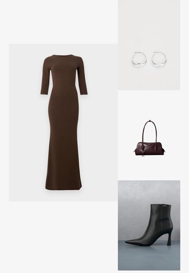 Braunes geripptes Maxikleid mit Dreiviertelärmeln, figurbetonter Silhouette und ausgestelltem Saum. Glatte Textur über das gesamte Kleid.; Schwarze Leder-Stiefelette mit spitzem Zehenbereich und einem geometrischen Absatz. Verfügt über dezente Branding-Elemente und eine glatte Textur. Der Hintergrund zeigt strukturierte Fliesen.; Dunkelbraune Lederhandtasche von Calvin Klein mit langen doppelten Griffen und einem kleinen Logoanhänger, der an einem Griff hängt.; Silberne Creolen mit glänzender Oberfläche und DKNY-Logo, vor einem schlichten weißen Hintergrund präsentiert.
