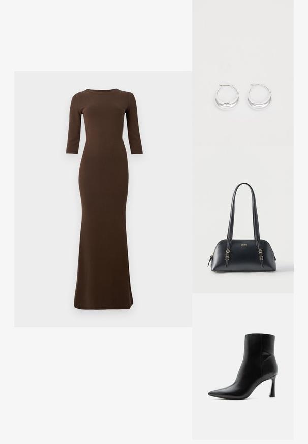 Vestido maxi marrón de canalé con mangas tres cuartos, silueta ajustada y dobladillo acampanado. Textura suave en toda la prenda.; Botín de cuero negro con punta puntiaguda y tacón stiletto alto y delgado, mostrado de perfil sobre un fondo blanco.; Bolso de mano de cuero negro con detalles dorados, doble asa y logo "HUGO" en la parte frontal, sobre un fondo blanco liso.; Pendientes de aro de plata con un acabado pulido y la marca DKNY, exhibidos sobre un fondo blanco liso.