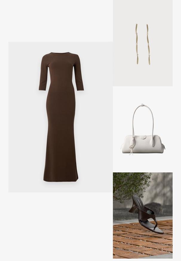 Braunes geripptes Maxikleid mit Dreiviertelärmeln, figurbetonter Silhouette und ausgestelltem Saum. Glatte Textur über das gesamte Kleid.; Braune Calvin Klein Sandalette mit Absatz und Zehensteg, schwebend über einem Boden aus Holzfliesen und Kies im Freien, mit verschwommenem Grün und Stein im Hintergrund.; Weiße Calvin Klein Schultertasche mit langen Griffen, rechteckiger Form, Reißverschluss und dekorativem Logo-Anhänger, der in der Nähe des Griffs hängt.; Lange goldene Ohrringe, bestehend aus vier verlängerten verbundenen gebogenen Stäben auf weißem Hintergrund.