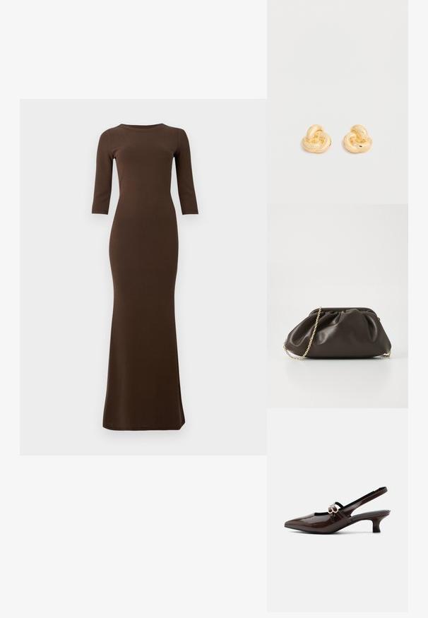 Vestido maxi marrón de canalé con mangas tres cuartos, silueta ajustada y dobladillo acampanado. Textura suave en toda la prenda.; Marco Tozzi Tacones - cinnamon; Bolso de mano de cuero marrón con un diseño fruncido, correa de cadena dorada y un acabado suave y texturizado. Forma compacta adecuada para uso nocturno.; Par de pendientes de botón en forma de nudo con acabado dorado brillante sobre un fondo blanco liso.