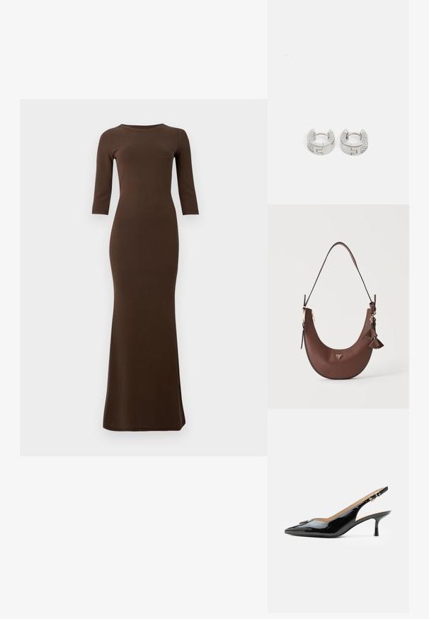 Vestido maxi marrón de canalé con mangas tres cuartos, silueta ajustada y dobladillo acampanado. Textura suave en toda la prenda.; Tacón slingback de charol negro con puntera puntiaguda, tacón pequeño tipo kitten y correa con hebilla plateada sobre un fondo blanco liso.; Bolso bandolera marrón con forma de media luna, superficie texturizada, cremallera dorada, borlas decorativas y pequeño logo triangular en el centro delantero.; Guess STYLISH - Pendientes - silver-coloured