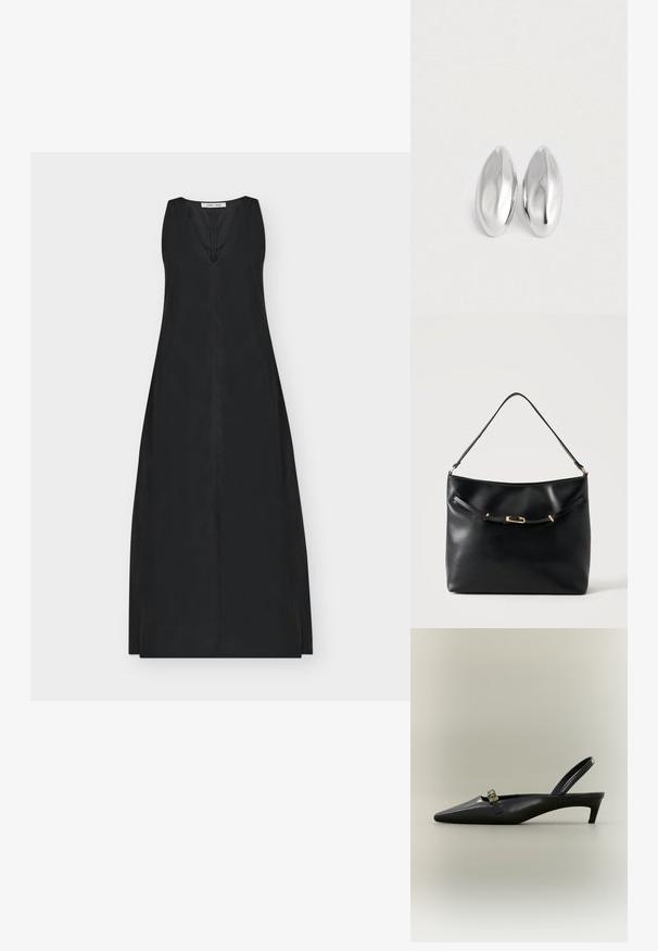 Robe maxi noire sans manches avec un décolleté en V profond, un corsage ajusté et une jupe lisse en ligne A.; Escarpin slingback en cuir noir avec talon kitten, bout pointu et petite boucle dorée sur un fond uni.; Sac à épaule en cuir noir avec une bandoulière unique et un petit détail de boucle dorée à l'avant, sur un fond clair uni.; Paire d'objets ovales en argent luisant et lisse disposés côte à côte sur un fond blanc uni.