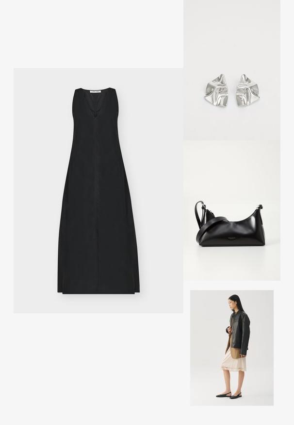 Robe maxi noire sans manches avec un décolleté en V profond, un corsage ajusté et une jupe lisse en ligne A.; Veste en cuir noir portée sur un haut marron, associée à une robe légère crème à bretelles avec bordure en dentelle et des chaussures slingback noires.; Sac à main en cuir noir avec une texture lisse. Dispose d'une bandoulière adjustable et d'un design élégant et minimaliste avec une fermeture éclair.; Boucles d'oreilles en métal argenté avec un design ondulé et sculptural, présentant une finition polie et des formes irrégulières, mettant en valeur une esthétique contemporaine.