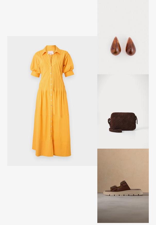 Cinq à Sept MONTY DRESS - Blousejurk - papaya; Bruine lederen muilband sandaal met twee verstelbare gouden gespen en een dikke beige profielzool op een gestructureerd oppervlak.; Bruine suède schoudertas met een geweven ontwerp, ritssluiting en een verstelbare schouderband. Heeft een slanke, rechthoekige vorm.; Een paar glanzende bruine druppelvormige oorbellen met subtiele donkerdere patronen op een witte achtergrond.