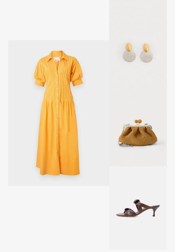 Cinq à Sept MONTY DRESS - Skjortekjole - papaya; Brun vævet læder-sandal med to remme og en lav kittenhæle på en ensfarvet hvid baggrund.; Lille brun flettet clutch-pung med sølvmetalramme, to runde trælåse og en kort sølvkæderem på en hvid baggrund.; Guld- og sølvmetalløreringe med en rund skivebund og et ovalt topstykke, glat tekstur og poleret finish.