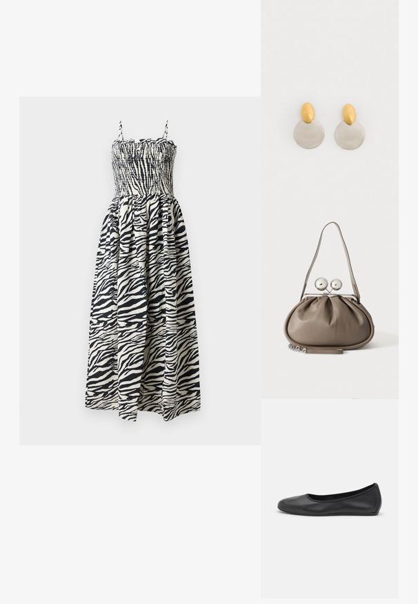Maxi-jurk met zebra-print, voorzien van een smock-borstel, verstelbare bandjes en een vloeiende rok. Gemaakt van lichte stoffen in zwart en crèmekleuren.; Zwarte leren ballerina met een ronde neus, gladde textuur, minimale stikdetails en een flexibele zoolontwerp.; Grijze leren handtas met afgeronde vorm, bovenste sluiting met twee grote zilveren bollen en een enkele schouderriem.; Gouden en zilveren metalen oorbellen met een ronde schijfbasis en een ovale bovenstuk, gladde textuur en gepolijste afwerking.