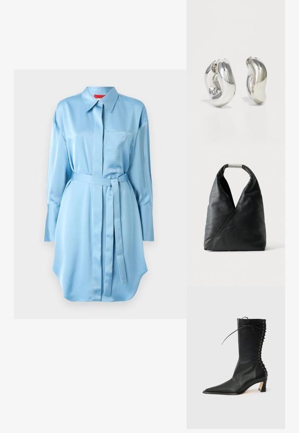 Vestido camisero de satén azul claro con cuello, bolsillo en el pecho, mangas largas y un cinturón a juego en la cintura. Diseño de dobladillo curvado.; Botín de cuero negro con punta puntiaguda, tacón delgado, detalle de cordones en la parte trasera y ojales metálicos. Textura suave con un diseño elegante.; Bolso de cuero negro con una forma triangular suave y un asa con cierre metálico plateado sobre un fondo blanco liso.; Pendientes escultóricos de plata con formas suaves y curvas y superficies reflectantes. Presentan un diseño de aro cerrado y una forma orgánica distintiva.