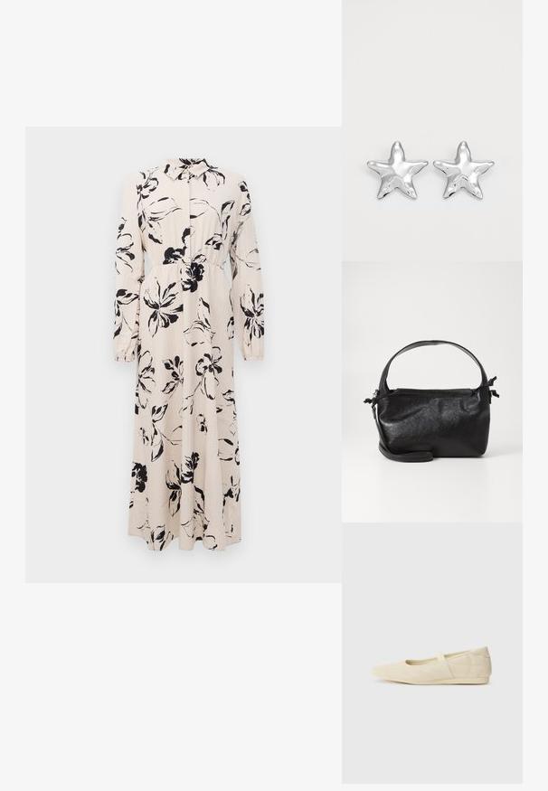 Lang beige kjole med sort blomstret tryk, lange ærmer, samlet talje og krave med knaplukning foran.; Lysebrune ballet flats med en glat læderoverflade, mandelformet tå og elastisk rem over vristen, med diskrete syninger.; Sort læderhåndtaske med et struktureret design, rund tophåndtag og aftagelig skulderrem. Den har en glat tekstur og en subtil glans.; Sølvstjernede øreringe med en poleret, blank overflade. Hver ørering har fem spidser og subtile teksturdetaljer på overfladen.