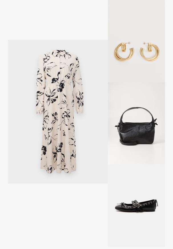 Lange beige jurk met zwart bloemenpatroon, lange mouwen, geraffineerde taille en een kraag met knoopsluiting aan de voorkant.; Zwarte platte balletschoen met dubbele gespsluitingen, zilveren oogjes en een klein strikje nabij de afgeronde neus op een witte achtergrond.; Zwarte leren handtas met een gestructureerd ontwerp, een ronde bovenhandgreep en een afneembare schouderriem. Beschikt over een gladde textuur en een subtiele glans.; Set glanzende gouden dubbele lus oorbellen met stekertjes op een witte achtergrond.