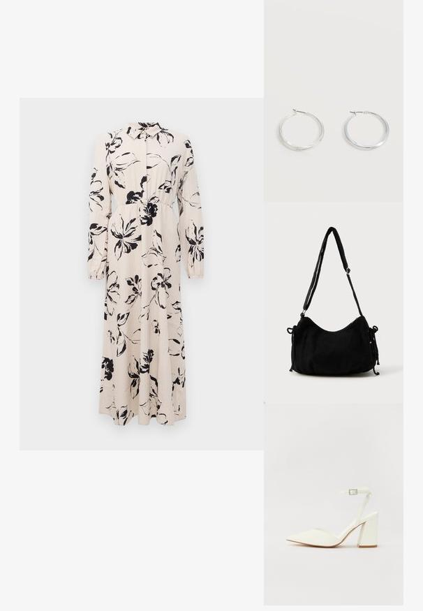 Long beige dress with black floral print, long sleeves, gathered waist, and a collared button-up front.; White heeled sandal with a pointed toe, adjustable ankle strap, and a chunky square heel. Smooth texture with minimal stitching details.; Black corduroy shoulder bag with a curved shape, adjustable strap, and drawstring closures on both sides for size adjustment.; Silver metal hoop earrings with smooth, slightly curved surface and latch-back closures on a plain white background.