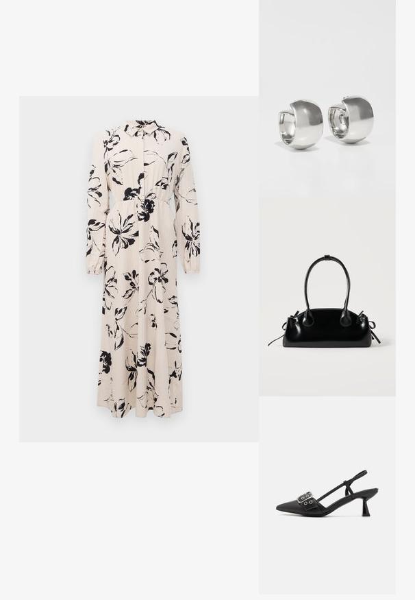 Lang beige kjole med sort blomstret tryk, lange ærmer, samlet talje og krave med knaplukning foran.; Simmi London DALA - Pumps - black; Lille sort blank håndtaske med to lange håndtag og snøre-detaljer i siden på en ensfarvet lys baggrund.; Uncommon Matters SCULPTURAL LARGE CREOLE - Øreringe - silver-coloured