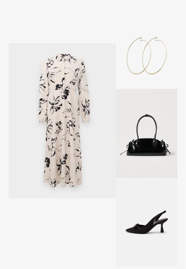 Long beige dress with black floral print, long sleeves, gathered waist, and a collared button-up front.; Black pointed-toe slingback high heel shoe with a small bow detail on the front and a narrow heel, shown against a white background.; Small black glossy handbag with two long handles and side drawstring details on a plain light background.; Thin gold metal hoop earrings with small clasp closures on a white background.