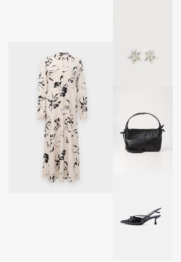 Lang beige kjole med sort blomstret tryk, lange ærmer, samlet talje og krave med knaplukning foran.; Sort laklæder slingback-pumpe med spids tå, lav kittenhæl og dekorativ knyttet sløjfedetalje foran.; Sort læderhåndtaske med et struktureret design, rund tophåndtag og aftagelig skulderrem. Den har en glat tekstur og en subtil glans.; Sølv stjerneformede øreringe med en glat, poleret finish på en ensfarvet hvid baggrund.