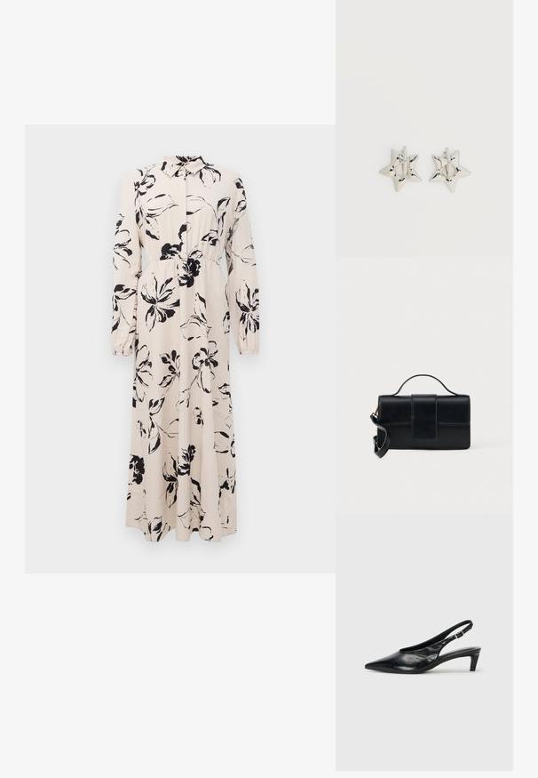 Lang beige kjole med sort blomstret tryk, lange ærmer, samlet talje og krave med knaplukning foran.; Sort læder slingback hæl med spidse tæer, lav kitten hæl og justerbar spænde-bånd. Glat tekstur med minimal dekor.; Sort lædertaske med rektangulær form, topbærehank og justerbar skulderrem. Har en frontklap med magnetlukning.; Sølv stjerneformede øreringe med en glat, poleret finish på en ensfarvet hvid baggrund.