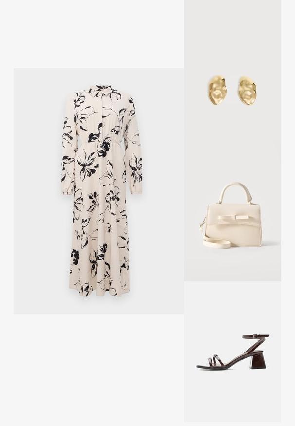 Lange beige jurk met zwart bloemenpatroon, lange mouwen, geraffineerde taille en een kraag met knoopsluiting aan de voorkant.; Donkerbruine sandalen van lakleer met blokhak, enkelriem met gesp en twee dunne bandjes over de tenen op witte achtergrond.; Kleine beige handtas met bovenhandvat, afneembare riem, voorflap en decoratieve horizontale strik op een effen achtergrond.; Een paar glanzende, onregelmatig gevormde gouden metalen oorbellen met een gekreukeld, glad oppervlak op een effen lichte achtergrond.
