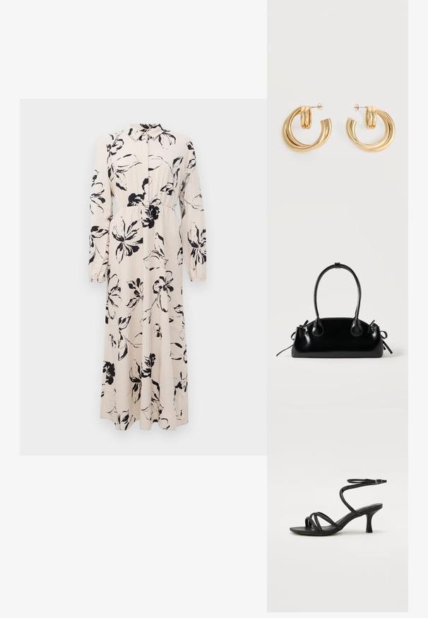 Vestido largo beige con estampado floral negro, mangas largas, cintura fruncida y frente de botones con cuello.; Even&Odd Wide Fit by Zalando Sandalias - black; Pequeño bolso negro brillante con dos asas largas y detalles de cordón lateral sobre un fondo claro liso.; Par de pendientes de aro doble brillante de oro con cierres de presión sobre un fondo blanco.