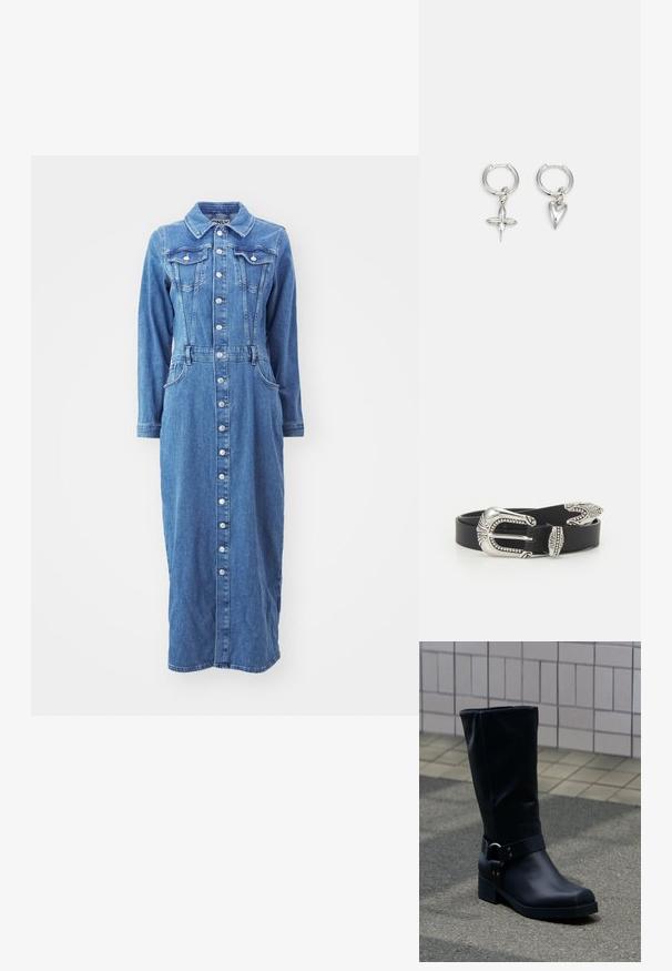 Vestido de denim con cierre de botones en el frente, mangas largas, bolsillos en el pecho y una cintura entallada, en un lavado azul medio con una silueta recta.; Bota negra de cuero hasta la mitad de la pantorrilla con un tacón bajo de bloque y una correa decorativa con hebilla metálica alrededor del tobillo, sobre un pavimento de baldosas.; Pendientes de aro de plata con un charm de cruz y corazón. Textura suave y brillante con un acabado pulido. Cada charm cuelga de un lazo seguro.; Cinturón de cuero negro con una gran hebilla de metal plata que presenta un detallado intrincado y acentos decorativos en ambos extremos.