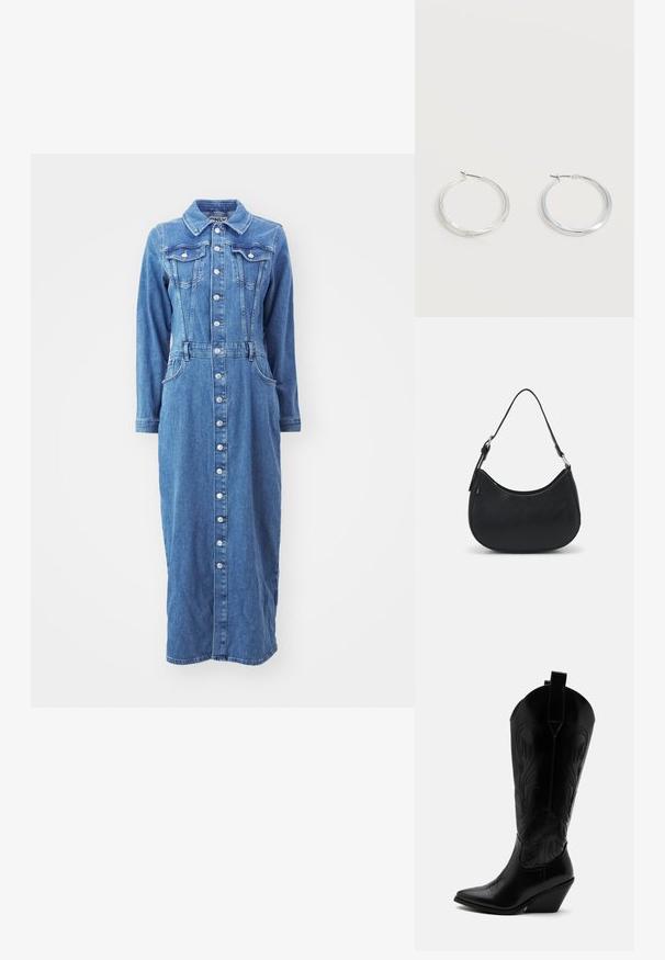 Denimkjole med knaplukning foran, lange ærmer, brystlommer og en tætsiddende talje, i en medium blå vask med en lige silhuet.; Sort læder cowboystøvle med spidst tåparti, skråt blokhælhæl, dekorative sømme og trækstropper øverst mod hvid baggrund.; Sort hobo taske lavet af glat læder med en buet silhuet, der har en enkelt justerbar skulderrem og minimalistiske designdetaljer.; Sølvfarvede metaloorringe med glat, let buet overflade og låsemekanisme på en ensfarvet hvid baggrund.