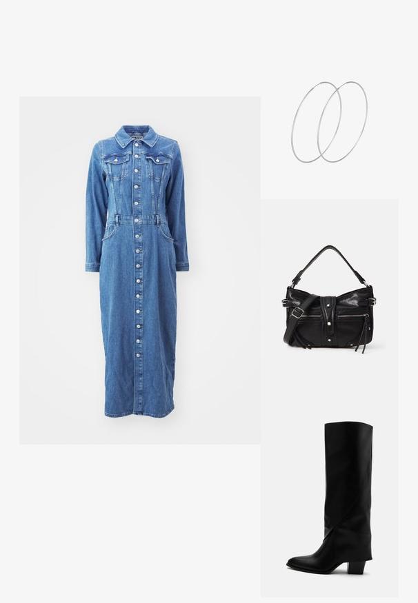 Denimkjole med knaplukning foran, lange ærmer, brystlommer og en tætsiddende talje, i en medium blå vask med en lige silhuet.; Høj sort læderstøvle med skråt syning, spids tå og kraftig mellemhøj hæl på hvid baggrund.; Even&Odd H24462 - Håndtasker - black; Sølvøreringe med et minimalistisk design. Cirkulær form, glat tekstur og tynd profil. Letvægtige med en poleret overflade.