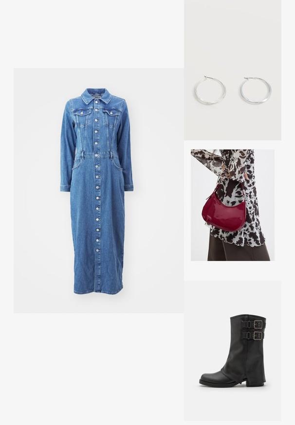 Denimkjole med knaplukning foran, lange ærmer, brystlommer og en tætsiddende talje, i en medium blå vask med en lige silhuet.; Even&Odd Cowboy- / bikerstøvler - black; Kvinde iført en sort- og hvidmønstret bluse, der holder en blank rød skuldertaske mod en ensfarvet baggrund.; Sølvfarvede metaloorringe med glat, let buet overflade og låsemekanisme på en ensfarvet hvid baggrund.