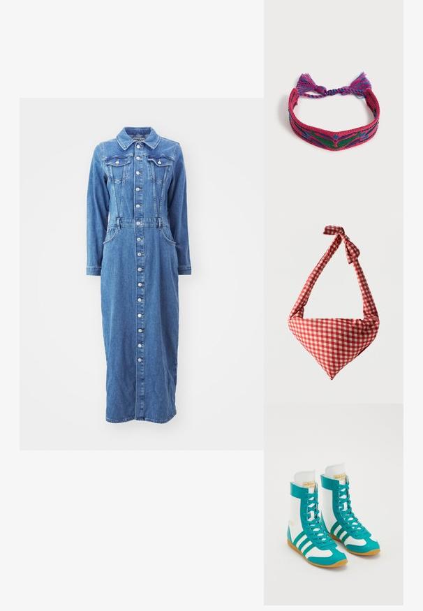 Vestido de denim con cierre de botones en el frente, mangas largas, bolsillos en el pecho y una cintura entallada, en un lavado azul medio con una silueta recta.; Zapatillas deportivas de caña alta que presentan un material sintético en tono teal, paneles blancos, tres franjas teal y una suela de goma con un agarre texturizado.; Bolso de tela suave para el hombro con patrón de cuadros rojos y blancos, asa con nudo y forma triangular sobre un fondo liso.; Pulsera de tela tejida en rojo, púrpura, verde y azul con un patrón simétrico de mariposas y ataduras trenzadas con borlas sobre fondo blanco.