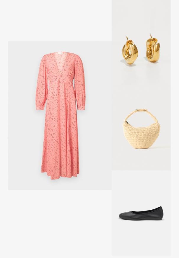 Robe longue à manches longues rose avec un petit imprimé floral rouge et blanc, encolure en V, taille cintrée et poignets boutonnés.; Ballerines en cuir noir avec un bout rond, texture lisse, détails de couture minimalistes et design de semelle flexible.; Sac à main beige tissé avec corps arrondi, fermeture éclair et une sangle courte et épaisse dans un style crochet simple et texturé.; Boucles d'oreilles créoles en or massif avec un design tubulaire légèrement tordu et des fermoirs à tige sur un fond blanc.
