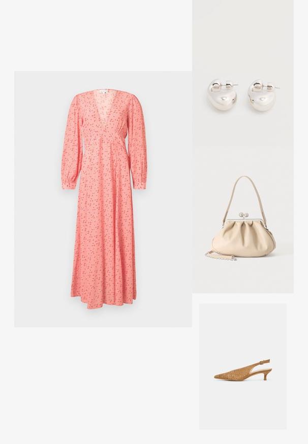Robe longue à manches longues rose avec un petit imprimé floral rouge et blanc, encolure en V, taille cintrée et poignets boutonnés.; Chaussure slingback en daim tan à bout pointu avec tige perforée et petit talon kitten, dotée d'une bride réglable avec boucle.; Sac à main en cuir souple beige avec un fermoir en métal argenté, une bandoulière simple et une bandoulière chaîne optionnelle sur fond blanc.; Paire de boucles d'oreilles argentées brillantes et épaisses avec fermoirs à tige, sur fond blanc uni.