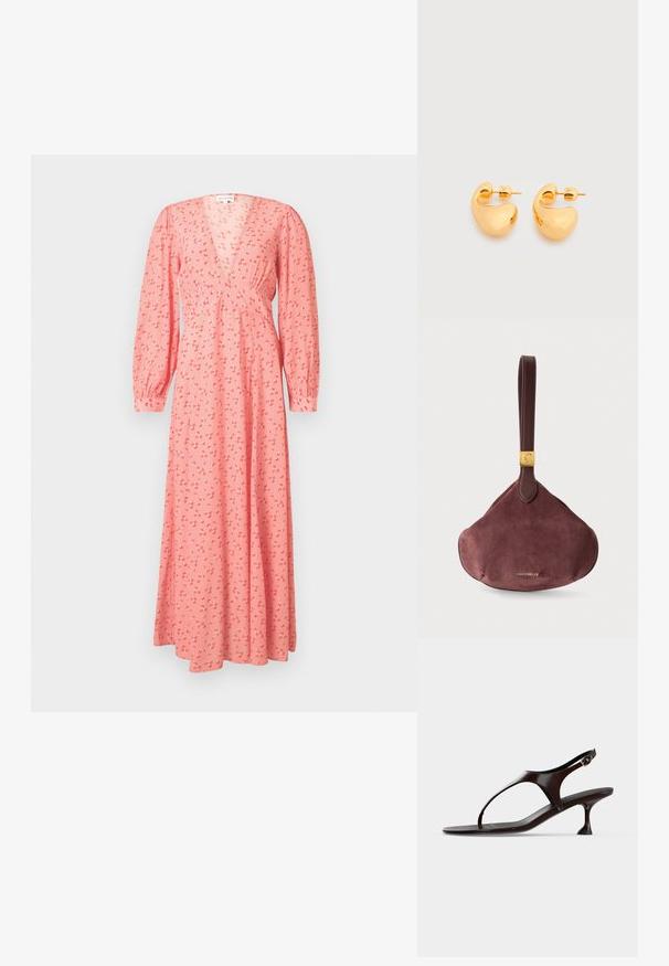 Robe longue à manches longues rose avec un petit imprimé floral rouge et blanc, encolure en V, taille cintrée et poignets boutonnés.; Sandale slingback en cuir verni marron foncé avec petit talon et bride entre les orteils sur fond blanc.; Sac à main bracelet en daim marron avec bandoulière en cuir et plaque logo dorée, avec le nom de la marque "COCCINELLE" en lettres dorées.; Paire de petites boucles d'oreilles clous épaisses en métal doré avec des formes lisses, courbes et abstraites sur un fond clair.