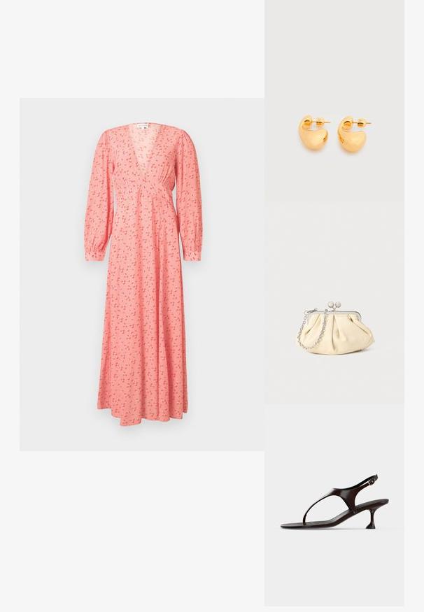 Robe longue à manches longues rose avec un petit imprimé floral rouge et blanc, encolure en V, taille cintrée et poignets boutonnés.; Sandale slingback en cuir verni marron foncé avec petit talon et bride entre les orteils sur fond blanc.; Pochette en cuir beige plissé avec un cadre en métal argenté, dotée de deux fermoirs ronds décoratifs et d'une chaîne en argent.; Paire de petites boucles d'oreilles clous épaisses en métal doré avec des formes lisses, courbes et abstraites sur un fond clair.
