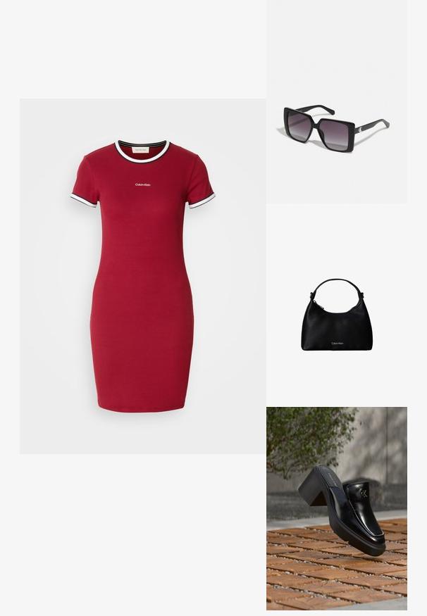 Rotes Baumwoll-T-Shirt-Kleid mit kurzen Ärmeln, mit einem weißen und schwarzen Rippkragen und Rippabschlüssen an den Ärmeln, featuring ein zentrales Logo über dem Saum.; Schwarze Leder-Slip-on-Mule von Calvin Klein mit Blockabsatz, die auf Holzfliesen im Freien nahe einer grünen Pflanze und einer grauen Wand ruht.; Schwarze quadratische Sonnenbrillen mit grauen Verlaufslinsen. Glänzende Rahmen mit klaren Linien. Silbernes Logo-Detail an den Schläfen.; Schwarze, strukturierte Lederhandtasche mit einem Tragegurt und silbernem Calvin Klein-Logo auf der Vorderseite, Reißverschluss an der Seite.