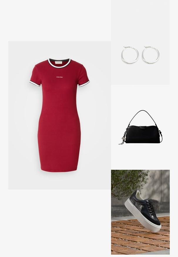 Rotes Baumwoll-T-Shirt-Kleid mit kurzen Ärmeln, mit einem weißen und schwarzen Rippkragen und Rippabschlüssen an den Ärmeln, featuring ein zentrales Logo über dem Saum.; Schwarzer Ledersneaker mit weißer dicker Sohle und CK-Logo, schwebend über gemusterten Holzfliesen im Freien nahe Grünfläche und Betonwand.; Schwarze, rechteckige Calvin Klein Handtasche mit einem einzelnen Tragegriff oben, silbernem Logo-Anhänger und kleinem Klappverschluss auf der Vorderseite.; Silberne Creolen zeichnen sich durch ein glattes, rundes Design mit einem schlanken Profil und einem sicheren Verschluss aus. Minimalistischer Stil mit glänzender Oberfläche.