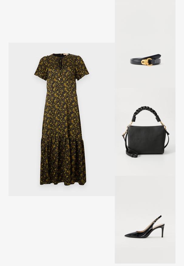 Robe maxi florale à manches courtes, fond noir, fleurs jaunes, encolure ronde, ourlet superposé et détail à nouer au cou.; Pompe slingback en cuir verni noir avec un bout pointu, un talon fin et un design de découpes subtil. Elle dispose d'une boucle dorée sur la sangle.; Sac à main en cuir noir avec une finition texturée, anse supérieure tressée et accents en métal doré. Comprend une bandoulière réglable.; Ceinture en cuir noir avec une boucle circulaire dorée composée de deux anneaux liés, roulée et posée sur un fond blanc.