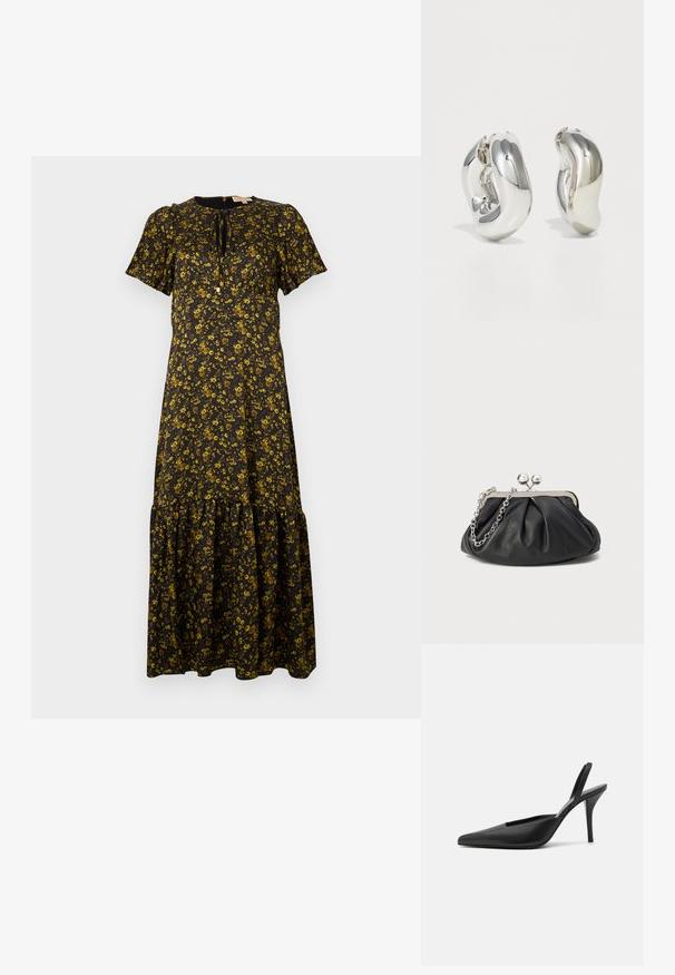 Blomster maxi kjole med korte ærmer, sort bund, gule blomster, rund halsudskæring, lagdelt kant og bindebånd ved halsen.; Sorte slingback høje sko med spidse tæer, glat lædermateriale og et elegant, minimalistisk design. Høj stiletto hæl.; Sort læder clutch med samlet tekstur, sølvfarvet metalramme, kys-lås lukning og kædestrop. Glat, blød overflade.; Sølvskulpturelle øreringe med glatte, buede former og reflekterende overflader. Har et lukket hoop-design og en markant organisk form.