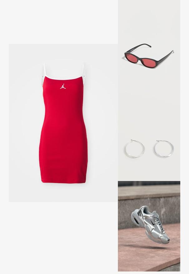 Punane ribaga kleit õhukeste rihmadega ja valge ääristusega. Keskel, rinnal, on valge Jumpmani logo. Lühike, keha voolav siluett.; Hõbedane ja hall Nike Air toss musta Swooshiga, mis hõljub roosaka betoonpinna ja kivist serva taustal.; Mustad ovaalsed päikeseprillid õhukeste kätega ja punase tooniga läätsedega, mis puhkavad valgel pinnal.; Hõbedased metallist rõngakujulised kõrvarõngad, millel on sile, kergelt kaarduv pind ja lukustuvad tagused kinnitused, valgel taustal.