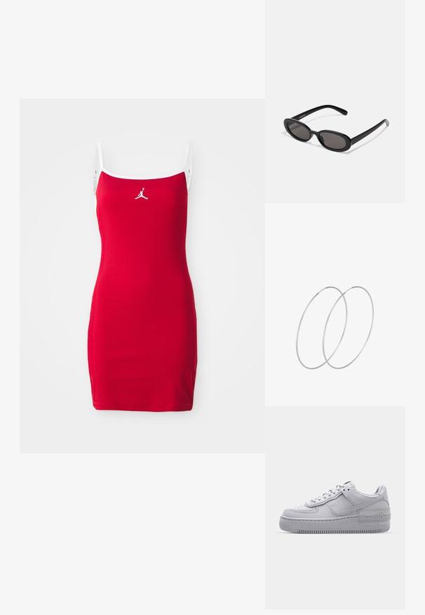 Punane ribaga kleit õhukeste rihmadega ja valge ääristusega. Keskel, rinnal, on valge Jumpmani logo. Lühike, keha voolav siluett.; Hallitus hallid Nike Air Force 1 sneakerid, millel on augustatud varvas, siledast nahast ülemine osa, paks tall ning reljeefne 'AIR' detail kontsapadjal.; Even&Odd Päikeseprillid - black; Hõbedased rõngastikkaehingad minimalistlikus disainis. Ümar kuju, sile tekstuur ja õhuke profiil. Kerged ning poleeritud viimistlusega.