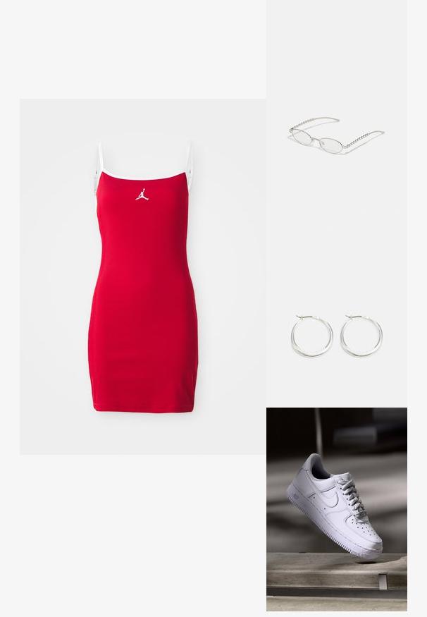 Rød ribbet kjole med spaghetti stropper og hvid kant. Har et hvidt Jumpman-logo centreret på brystet. Kort, tætsiddende silhuet.; Hvid Nike Air Force 1 sneaker svævende over en betonoverflade med skygger i et minimalistisk miljø.; Ovale briller med en metallisk sølvramme, klare linser og strukturerede perleaccentede stænger. Letvægtsdesign med buede arme.; Sølv hoops øreringe har et glat, afrundet design med en slank profil og sikker spænde. Minimalistisk stil med en poleret finish.